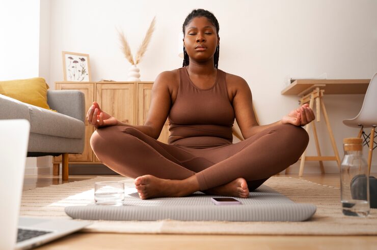 front-view-woman-meditating-home_23-2150404950